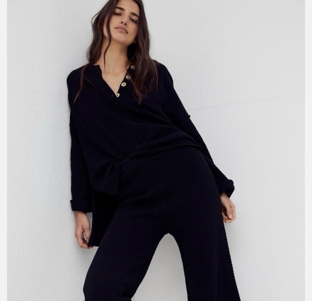 FP Beach Free People Black Cotton Waffle Knit Hailee Henley Sweater Small